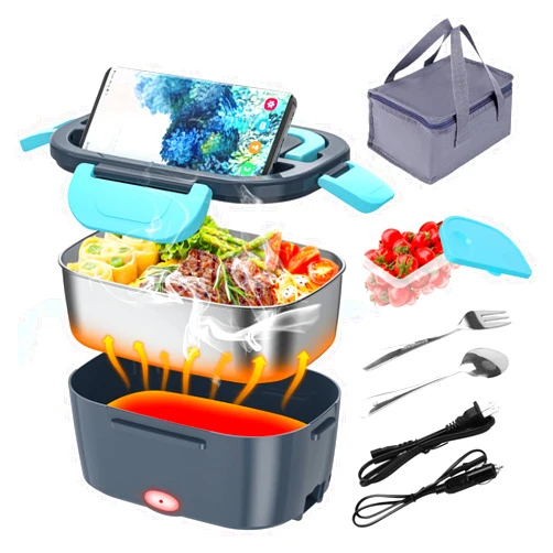 CHARMDOO Electric Lunch Box, Food Warmer Heater 12V 24V 110V, 80W Faster Heated Lunch Box for Car/Truck/Home Portable Heating Boxes with 1.5L 304 SS Container Fork & Spoon