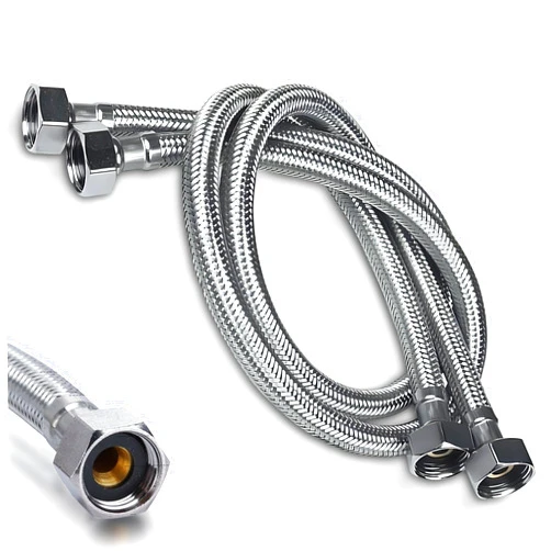 DecoSource Universal Stainless Steel Supply Hose 1/2 FIP Thread to 1/2 FIP Female Faucet Line Connector Stainless Steel - Hot & Cold Water Supply - Laundry/Kitchen Sink (1 Pair, 16 Inch Long)