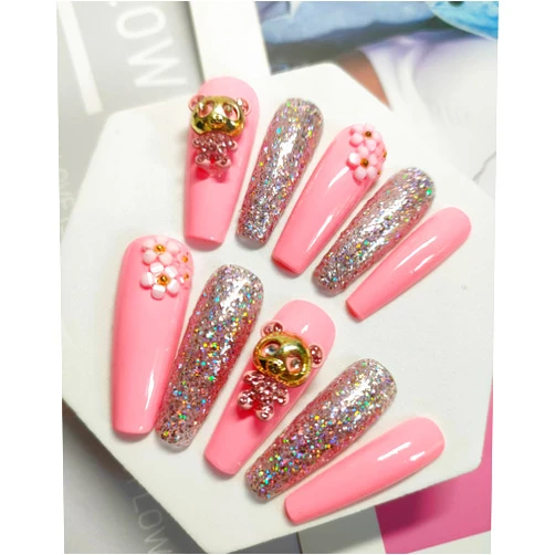 FADOORA Handmade Pink Long Press On Nails Coffin Acrylic Nails Press Ons Pink Glittery False Nails 10PCS (S, Pink)