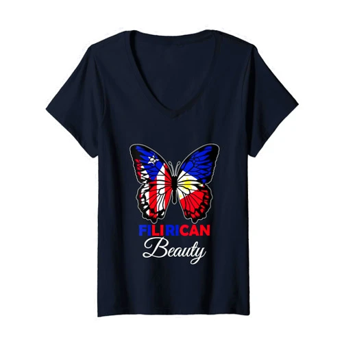Roots Boricua and Philippines Heritage Filirican Beauty Butterfly Heritage Philippines Puerto Rico V-Neck T-Shirt