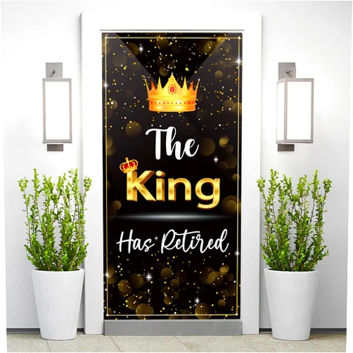 Kimini-Ki The King Has Retired Door Banner, Retirement Party Decorations for Men, Retirement Door Banner, Retired Door Cover, Happy Retirement Sign, Retirement Backdrops (Gold, Black)