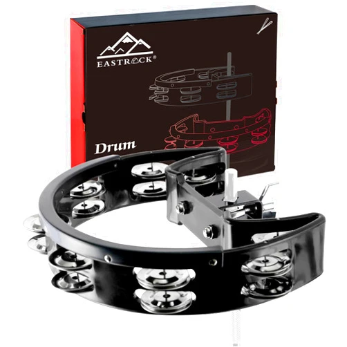EASTROCK Drum Set Tambourine with Mounting Eye Bolt,Tambourine for Drum Set,Hi Hat Tambourine Drum Set (Single row of jingles, Black)