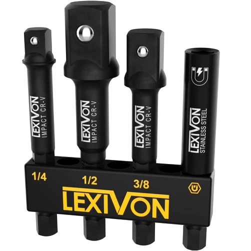 LEXIVON Impact Socket Adapter & Magnetic Bit Holder Set | 4 Pieces of 1/4-Inch Hex Shank Extension to 1/4