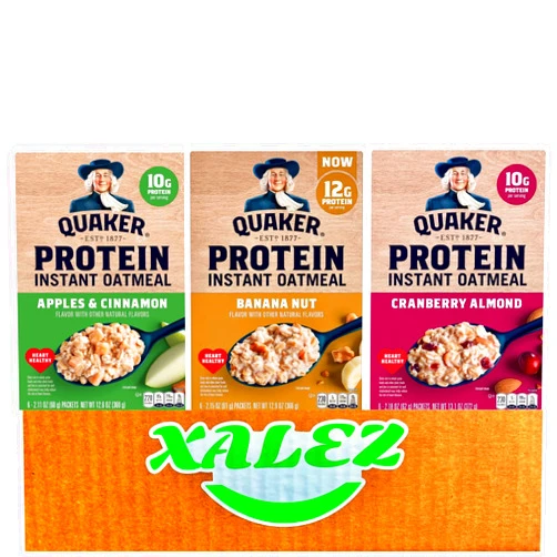 XALEZ Quaker Protein Instant Oatmeal I 1 Banana Nut 2.15 Oz 6 Count + 1 Apples & Cinnamon, 2.11 oz 6 Count + 1 Cranberry Almond 2.18 Oz 6 Count + XALEZ TM Gift Box