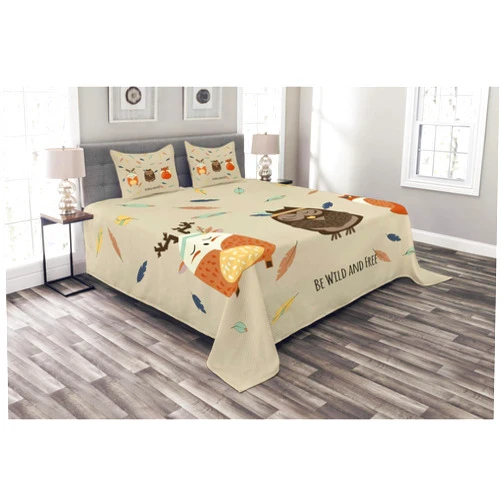 Lunarable Woodland Bedspread, Hand Drawn Boho Tribal Owl Deer and Fox in Meditation with Falling Feathers Pastel, Decorative Quilted 3 Piece Coverlet Set with 2 Pillow Shams, Queen Size, Multicolor
