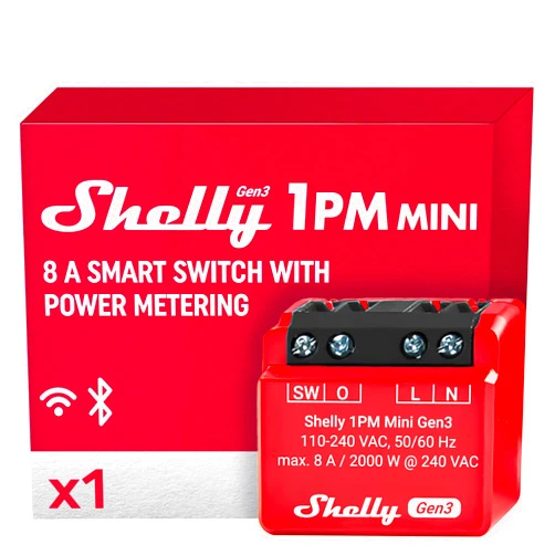 Shelly 1PM Mini Gen3 | WiFi & Bluetooth Smart Switch Relay, 1 Channel 8A with Power Measurement | Home Automation | Compatible with Alexa & Google Home | iOS Android App | No Hub Required