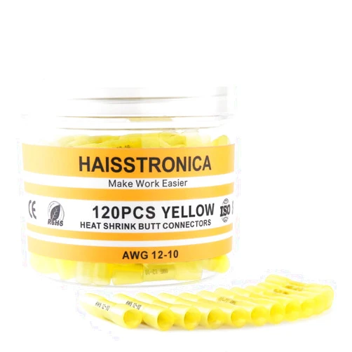 haisstronica 120PCS 12-10 Awg Yellow Heat Shrink Butt Connectors-Tinned Red Copper 1mm-Marine Grade Insulated Crimp Wire Connectors-Waterproof Electrical Connectors-Butt Splice for Marine,Boat,Stereo