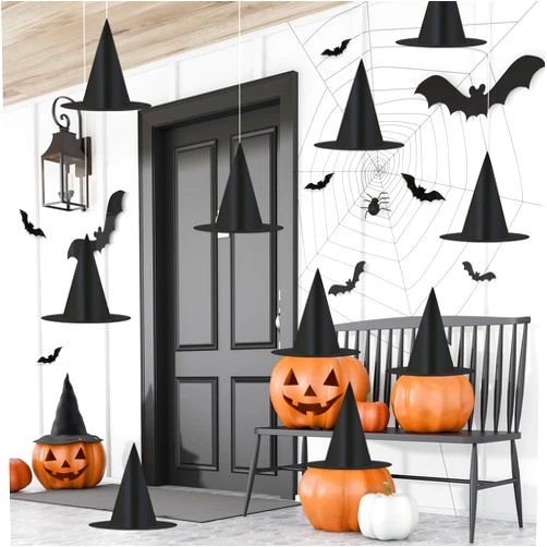 Whaline 14pcs Halloween Black Witch Hats Costume Accessory Decorations, Thickened Hanging Wizard Hats Bulk with Hanging Rope for Floating Porch Indoor Outdoor Decor Party Supplies