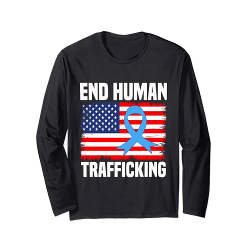 Usa flag human trafficking Awareness usa flag blue ribbon for human trafficking Awareness day Long Sleeve T-Shirt