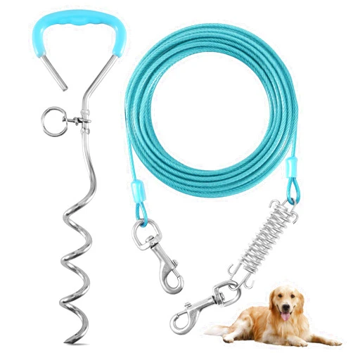Evilplan Dog Tie Out Cable and Stake,30FT Outside Dog Run Cable Leash&Chain with Shock Spring for Camping and Yard, 16'' Heavy Duty Anti Rust Spiral Stake for Small-Large Dogs Up to 200 lbs (Teal, 200lbs 30FT)