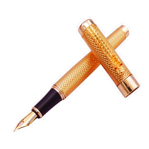 Gullor Jinhao Golden Dragon Red Crystal Eyes Fountain Pen with Push in Style Ink Converter