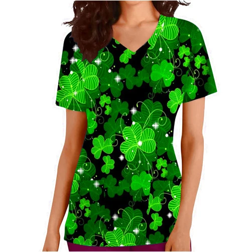Mzkdieey St. Patrick's Day Scrub Tops Women Short Sleeve Workwear Nurse Uniform Shamrock Print Comfy Breathable Scrub Shirts