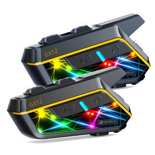 gearelec Helmet Bluetooth Intercom 【Multitasking Audio】【Mesh Intercom】, 10 Riders 2000M Motorcycle Communicaiton Systems，Motorcycle Bluetooth Headset with HiFi Sound/RGB Light/Music Sharing, 2 Pack