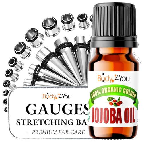 BodyJ4You 38PC Ear Stretching Kit - 14G-00G Beginner Gauges - Aftercare Balm Wax Organic Jojoba Oil - Surgical Steel Tapers Single Flare Plugs Tunnels - Stretchers Expanders Eyelets