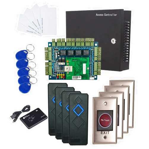 MENGQI-CONTROL 4 Doors IP Based Security Access Control Kit with Metal Case 110V Power Box RFID Reader+Infrared Exit Button+Desktop Enroll Reader+RFID Keychains/Cards APP remotely Open Door