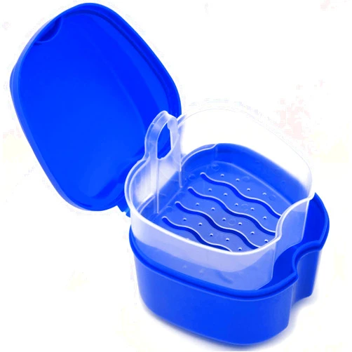 Coolrunner Denture Case, Denture Cup with Strainer, Coolrunner Denture Bath Box False Teeth Storage Box with Basket Net Container Holder for Travel, Retainer Cleaning (Blue) (Dark Blue)