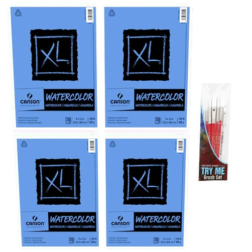 Jerry's Artarama 4 Pack of 9x12 Cold Press 140 lb. (300 GSM) Watercolor Paper Pads (30 Sheets per Pad) with Try Me Paintbrush Set of 7 Polar Flo Watercolor Brushes