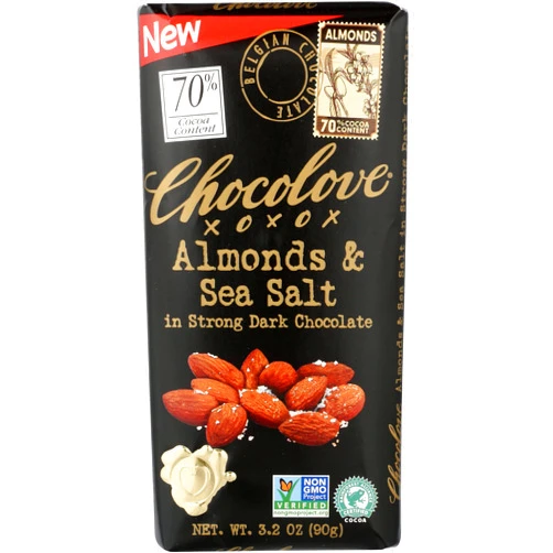 Chocolove Almonds & Sea Salt in Strong Dark Chocolate, Dairy Free, Gluten Free & Non-GMO, 3.2 Oz (Pack of 12), Natural