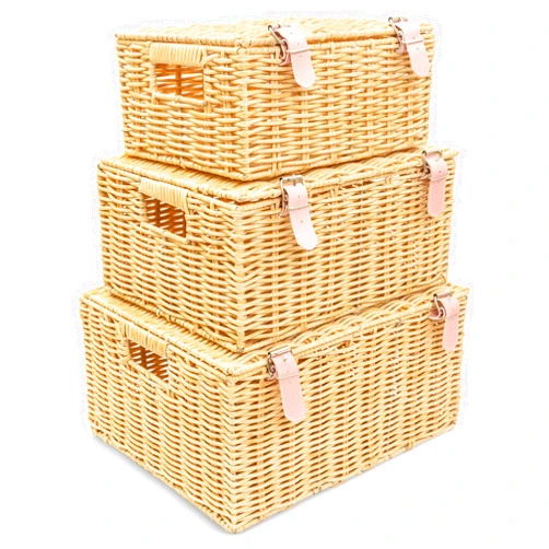 Milli's Product Wicker Baskets with Lid, Set of 3 – Large, Medium, Small Rectangular Woven Storage Baskets for Organizing Clothes, stackable, for Toys, Books – Covered Baskets for Nursery, Bedroom Decor