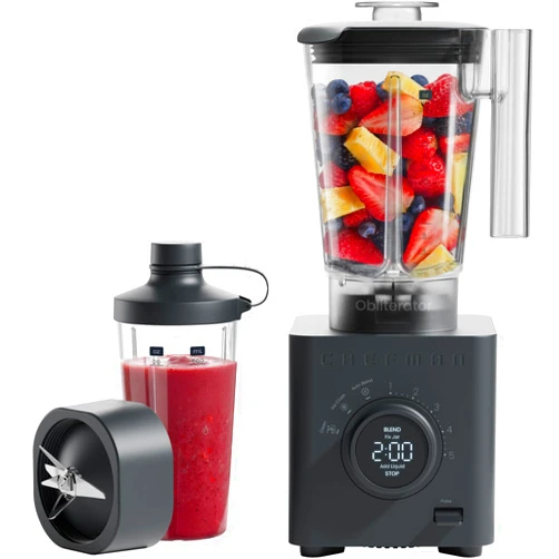 Chefman Obliterator 48 oz Countertop Blender for Smoothies, 1380W Motor to Crush Ice, Nuts, and Frozen Fruit with Stainless Steel Blade, Auto Blend Function, Includes 20 oz Travel Jar