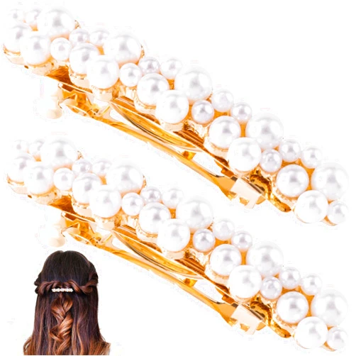 OIIKI 2PCS Pearl Hair Snap Clips for Wedding, Elegant Pearl Barrettes with Pins for Women, Brides, Parties, Daily Use - Gold