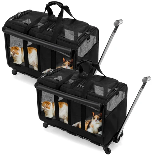 Wenqik 2 Set Pet Carrier with Wheels for 2 Cats, Double Compartment Pet Carrier, Large Rolling Cat Carrier for 2 Cats Dogs Travel Carrier for Outdoor Hiking Camping Veterinary Visits, Black