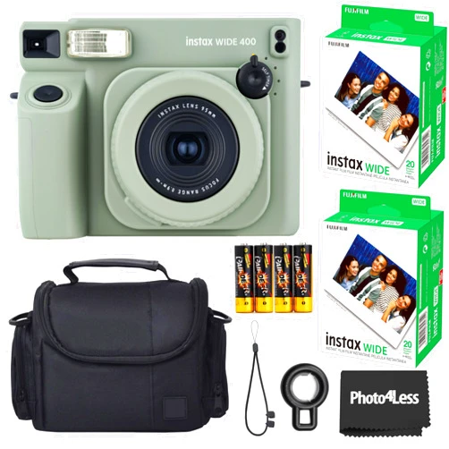 Fujifilm Instax Wide 400 Instant Film Camera (Sage Green) Bundle with Instax Wide Instant Film (40 Sheets), with Accessories Including Protective Carrying Case