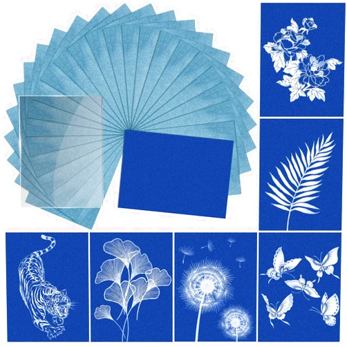 LIGHOON Sun Print Paper Kit Cyanotype Paper, 24 Sheets Cyanotype Papers with 1 Sheet Acrylic Panel, High Sensitive Nature Sun/Solar Activated Sun Printing Art Paper for Arts Crafts DIY Project