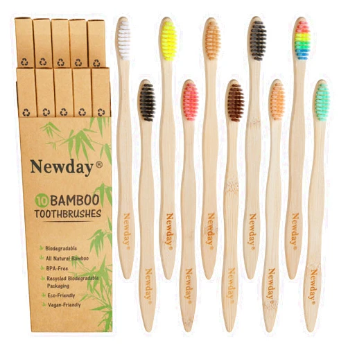 Newday 10 Pack Biodegradable Bamboo Toothbrushes, Eco-Friendly Natural Charcoal Toothbrush, BPA Free Soft Bristles Toothbrush Bristles - Bulk Wooden Toothbrushes