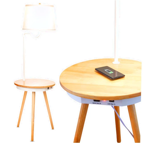 Brightech Owen Table & Lamp Combo with LED Bulb, Desk Lamp with USB Port, Bedside Reading Lamp, Modern End Table with Floor Lamp for Bedroom, Living Room, Office - Wood, Mid Century Modern