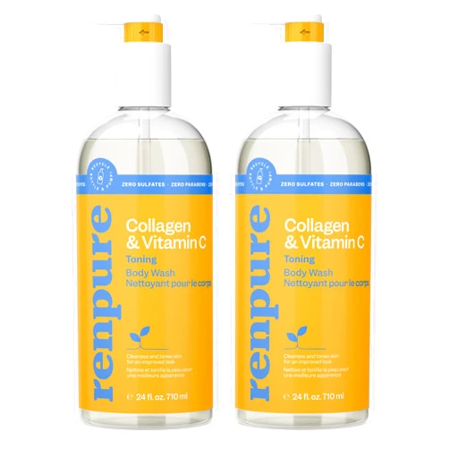 RENPURE Collagen & Vitamin C Body Wash - For Cleansed, Moisturized & Hydrated Looking Skin - For All Skin Types - Vitamin C & Collagen Amino Acids - 24 Fl Oz each, 2 Pack