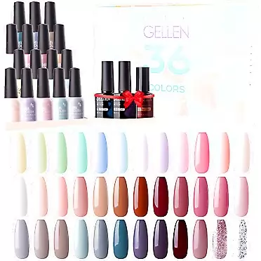 Gellen 36 Colors Gel Nail Polish Kit - with Top&Base Coat Matte Top Coat, Popular Nail Art Designs Candy/Nudes/Grays/Brown/Wine Nail Gel Polish Colors Home/Salon Gel Manicure Set