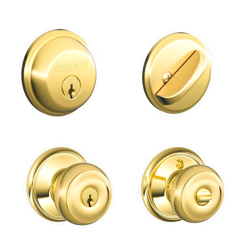 Schlage FB50N V GEO 505 B60 Single Cylinder Deadbolt and F51 Keyed Entry Georgian Knob Keyed Alike, Bright Brass Finish