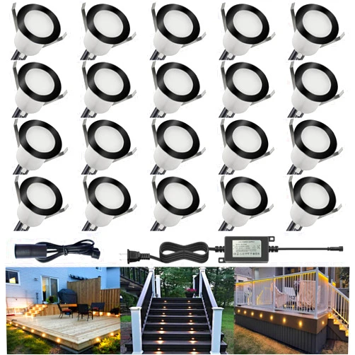 CHNXU LED Outdoor Deck Lights Kits with Photocell, Φ1.18in Warm White 20 Pack Black, Low Voltage 12 Volt IP67 Waterproof, Electric Wired Recessed Stair Step Riser Landscape Lighting for Exterior Yard