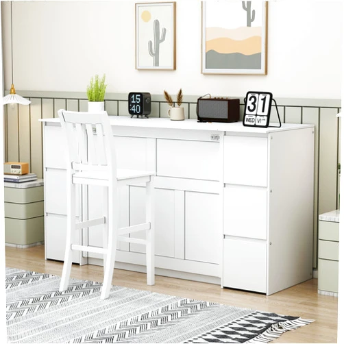 NCKMYB Murphy Bed Desk Combo Twin Murphy Chest Bed with High Stool, Built-in USB Ports and Storage, Wooden Hidden Bed for Guest Room Home Office, White