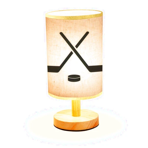 LOPYEIJFG Minimalist Bedside Table Lamp Hockey Game Equipment Hockey Wood Nightstand Lamp Bedside Desk Lamp Wood Base Flaxen Fabric Shade for Bedroom Living Room
