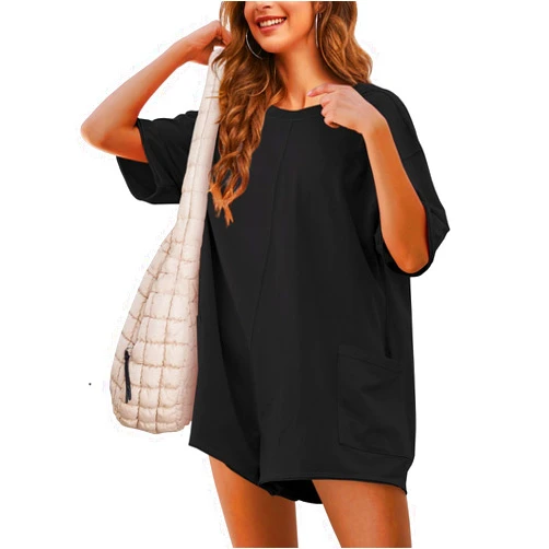 Yeokou Rompers for Women Casual Short Sleeve Oversized Athletic Workout Reversible Hot Shot Tee Romper Deep Pockets