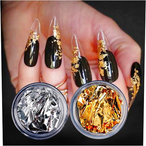 MACUR Nail Holographic Glitter Nail Art Gold Silver Foil Glitter Aluminum Flakes Nail Powder for Women Manicure Set Fragments Nail Foil 3D Nail Art Supplies Gold Nail Decals Accessories Decorations 2 Box