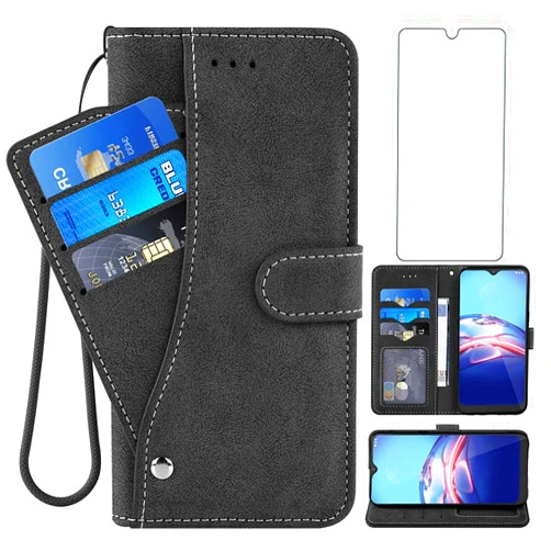 Asuwish Compatible with Moto E 2020 Motorola E7 Wallet Case and Tempered Glass Screen Protector Flip Credit Card Holder Stand Cell Phone Cover for MotoE MotoE7 E 7 7E 7th Generation Gen XT2052 XT2052DL Black