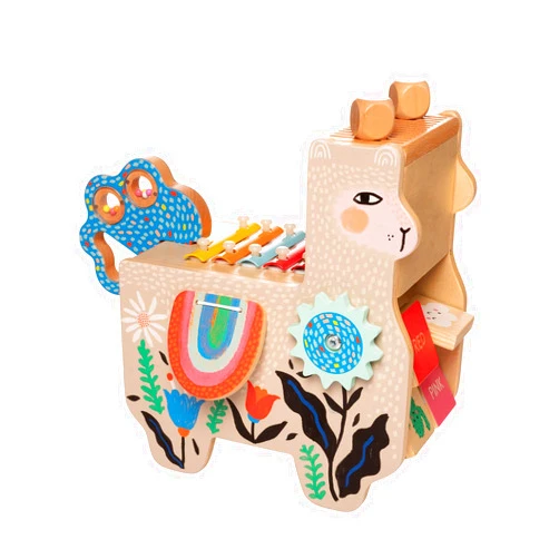 Manhattan Toy Musical Llama Wooden Instrument for Toddlers with Maraca, Clacking Saddlebags, Drumsticks, Washboard & Xylophone