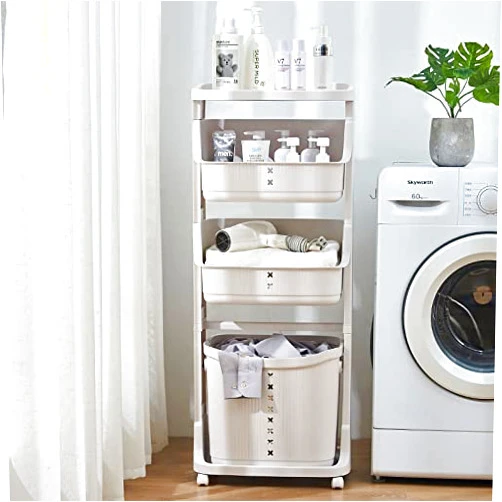 HOLMZCED 4 Tiers Standing Laundry Baskets with Wheels, Rolling Laundry Cart with Removable Laundry Basket Mobile Laundry Hampers Plastic Laundry Storage Cart White for Bedroom Laundry Room Bathroom