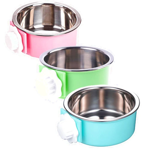 Mechpia 3 Pieces Crate Dog Bowl, Removable Stainless Steel Pet Kennel Hanging Food Water Feeder Bowl Cage Coop Cup for Puppy Medium Dog Cat Rabbit Ferret Bird (Blue,Red,Green)