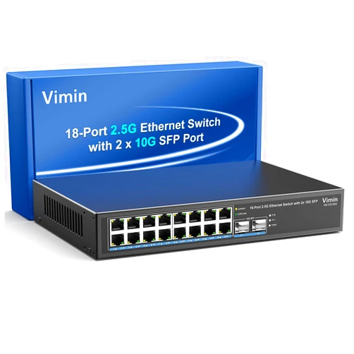 VIMIN 18 Port 2.5G Unmanaged Network Switch, 16X 2.5Gbase-T Ethernet Ports, 2X 10G SFP+, 120Gbps Switching Capacity, Metal Housing, Fanless, 19-inch Rack Mount, Work for 2.5Gbps NAS, Wireless AP & PC