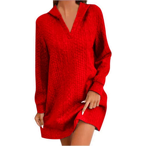 BONIXOOM Womens Casual Sweatshirt Dress 2024 Fall Trendy Texture Hoodies Midi Dress Comfy V Neck Knit Pullover Sweater Dress
