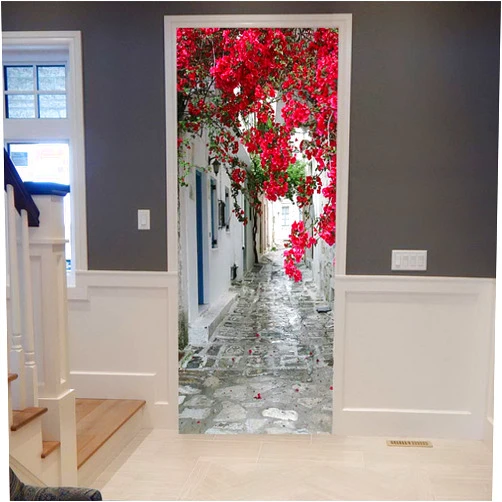 A.Monamour 3D Door Stickers for Interior Doors A Small Alley in A Greek Island Town Traditional Flowers in Greece Vinyl Waterproof Self Adhesive Door Mural Decals for Office Bathroom 95 x 215 cm