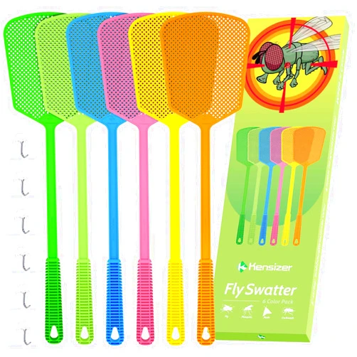 Kensizer 6-Pack Plastic Fly Swatters Heavy Duty, Multi Pack Matamoscas, Jumbo Long Handle Fly Swat Shatter Bulk, Large Bug Swatter That Work for Indoor and Outdoor