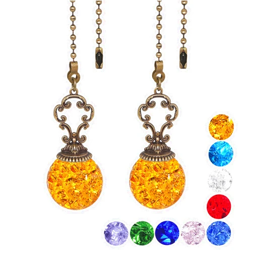 LONGSHENG - SINCE 2001 - 2 Pieces Amber Pull Chain Ceiling Fan Pull Chain Ornaments Light Pull Chain Extension Decorative Crystal Pull Chain, 30CM Each Chain (Crystal Ice Cracked Ball)