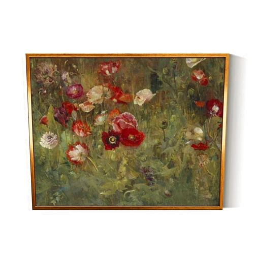 InSimSea Golden Framed Vintage Canvas Wall Art A Bed Of Poppies Red Flower Field Landscape Painting 12x16 inch, Classic Floral Botanical Country Print, Moody Rustic Farmhouse Garden Wall Decor