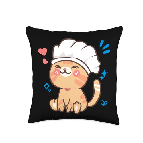 Vintage Kawaii & Anime Stuff Cat Chef Cook-Cute Kawaii Anime Aesthetic Throw Pillow, 16x16, Multicolor