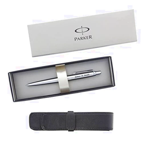 Parker Personalized/Engraved Jotter Stainless Steel Ballpoint Pen with Leather Case and Gift Box - Custom Engraved with your Name (Stainless Silver)